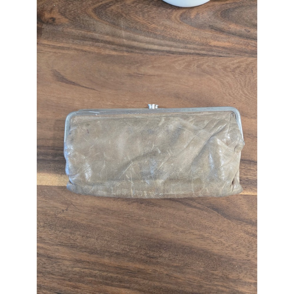 Hobo International Lauren Leather Double Frame Clutch Wallet Taupe Floral Lining